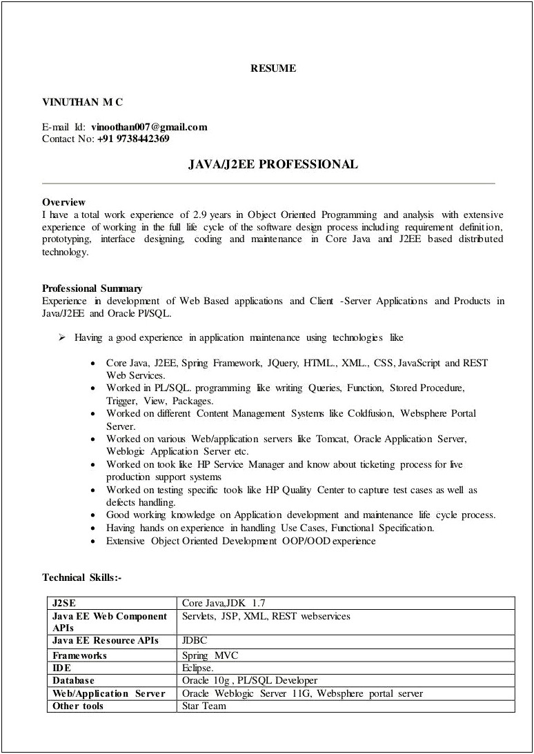 Java J2ee 7 Years Experience Resume