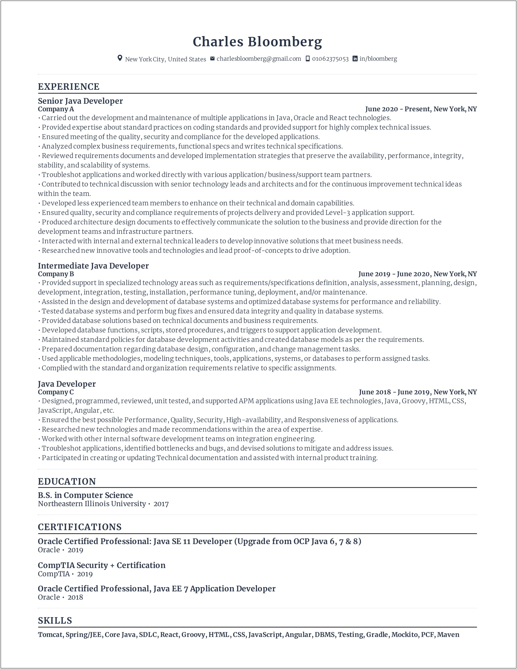 Java Resume For 1 Year Experience