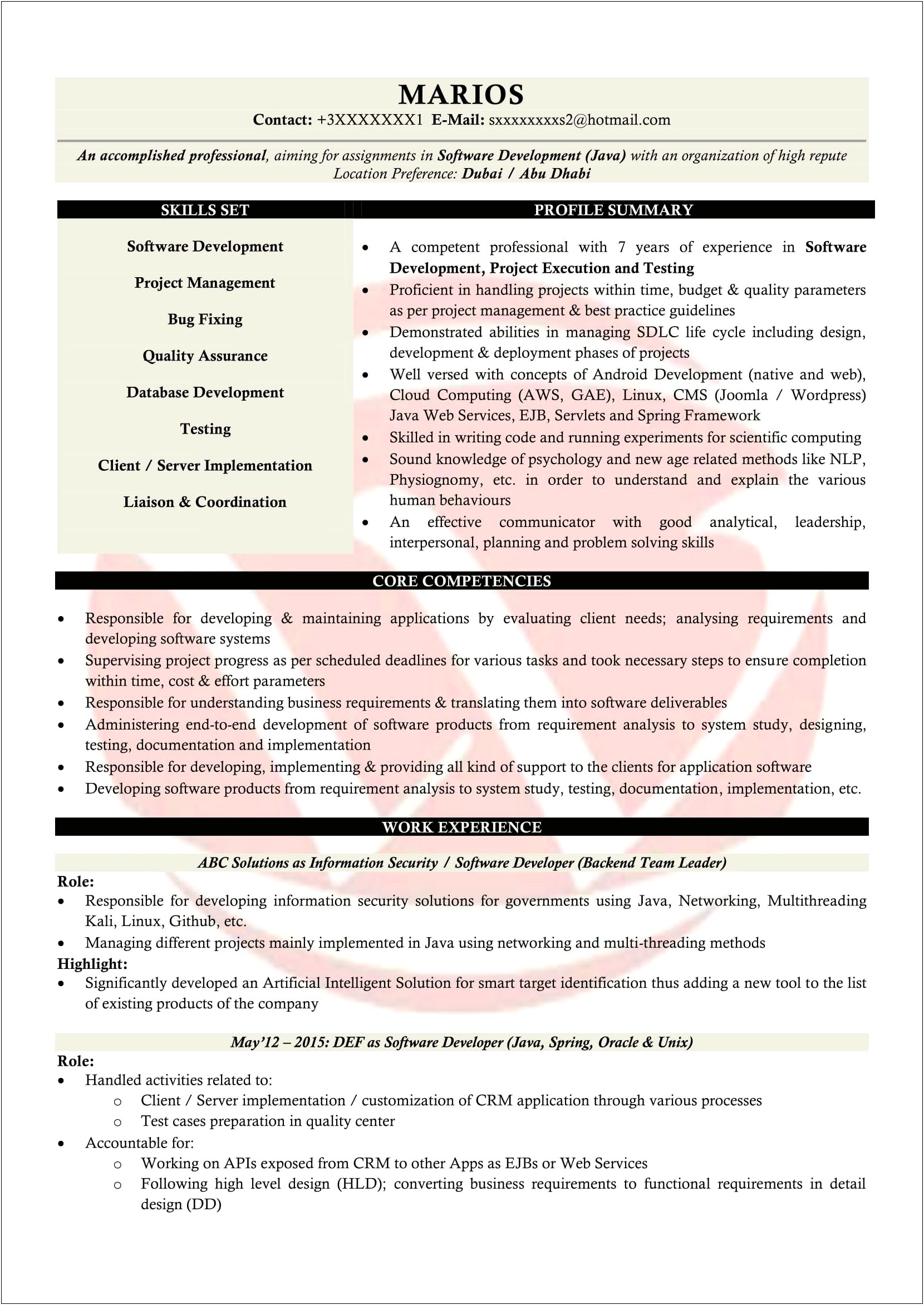 Java Resume Roles And Responsibilities Sample