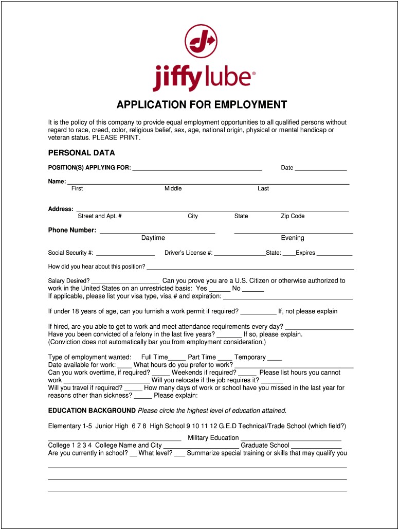 Jiffy Lube Job Description For Resume