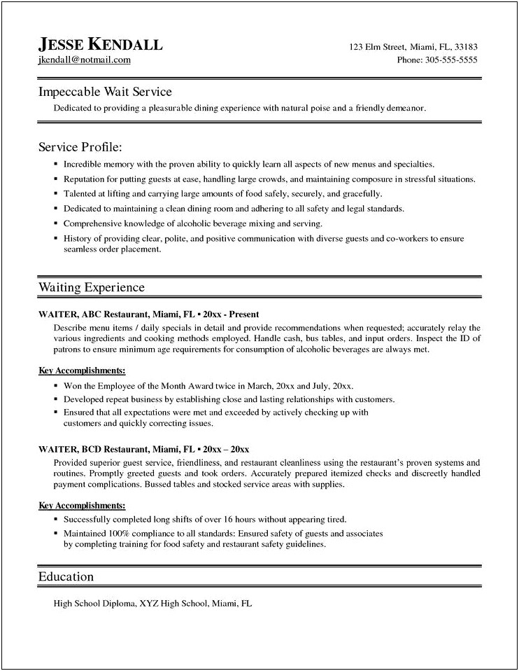 Job Description Example For Resume Waitress