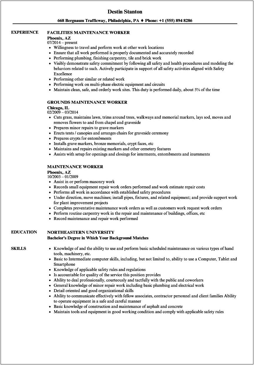 Job Description Facilities Maintenance Worker Resume