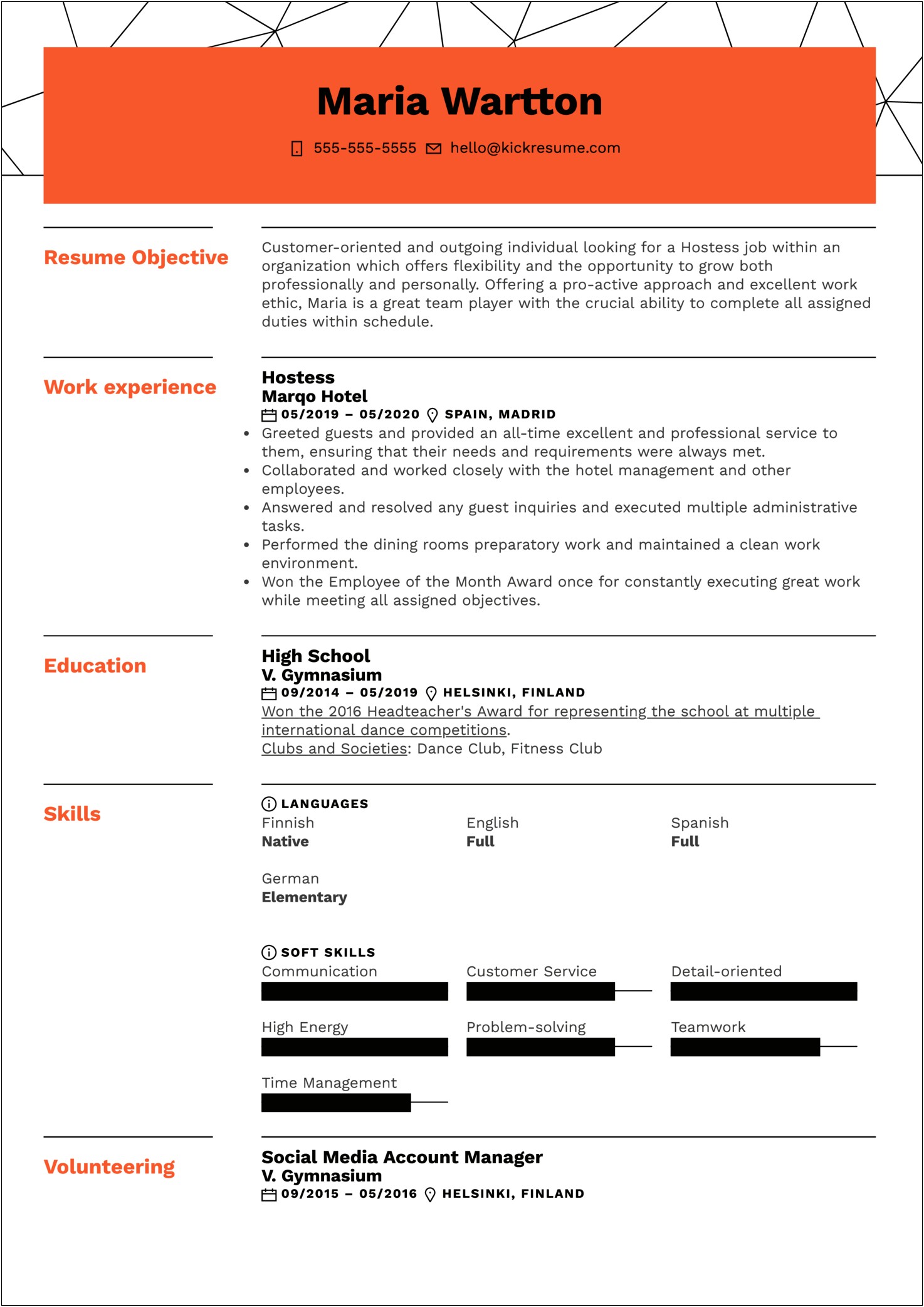 Job Description For A Hostess Resume