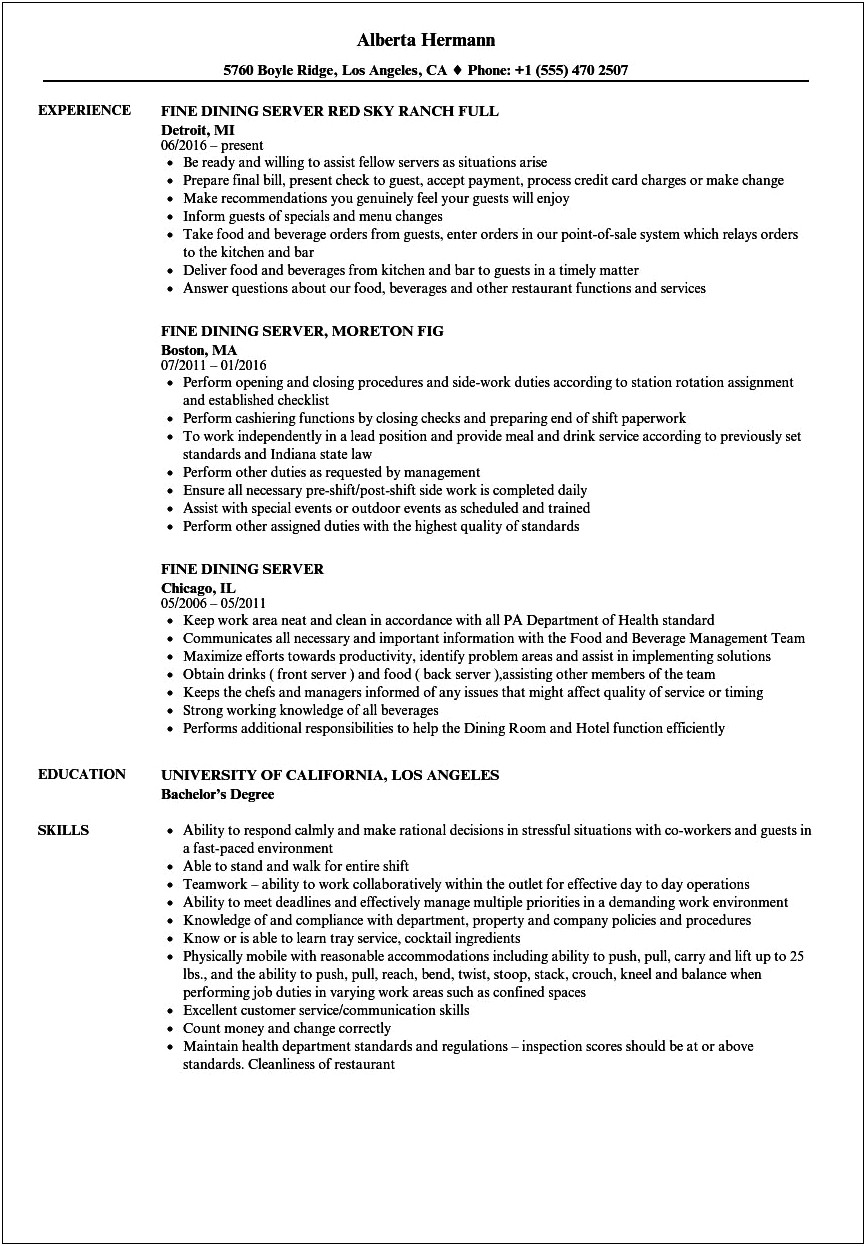 Job Description For A Server On A Resume