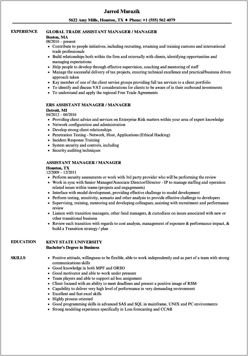 Job Description For Assistant Manager For Resume