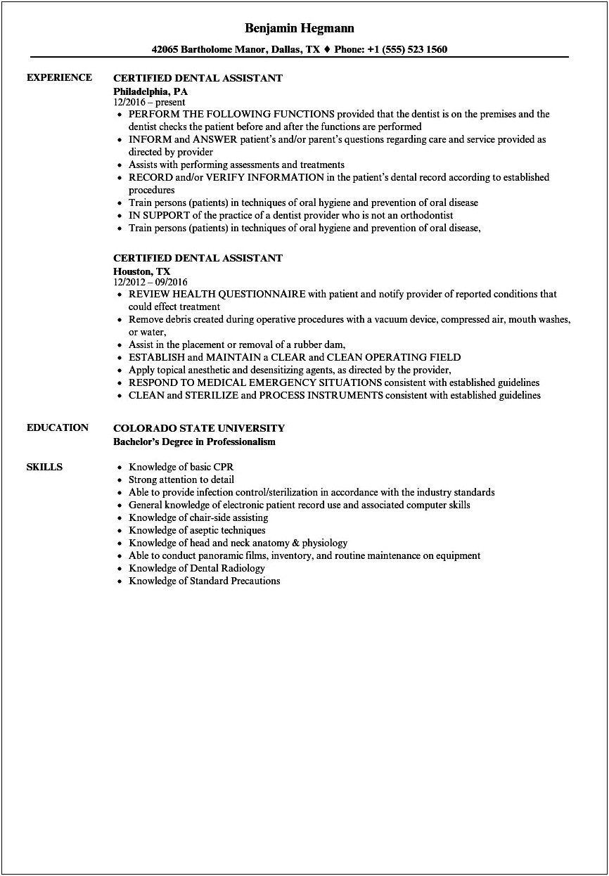 Job Description For Dental Assistant Resume