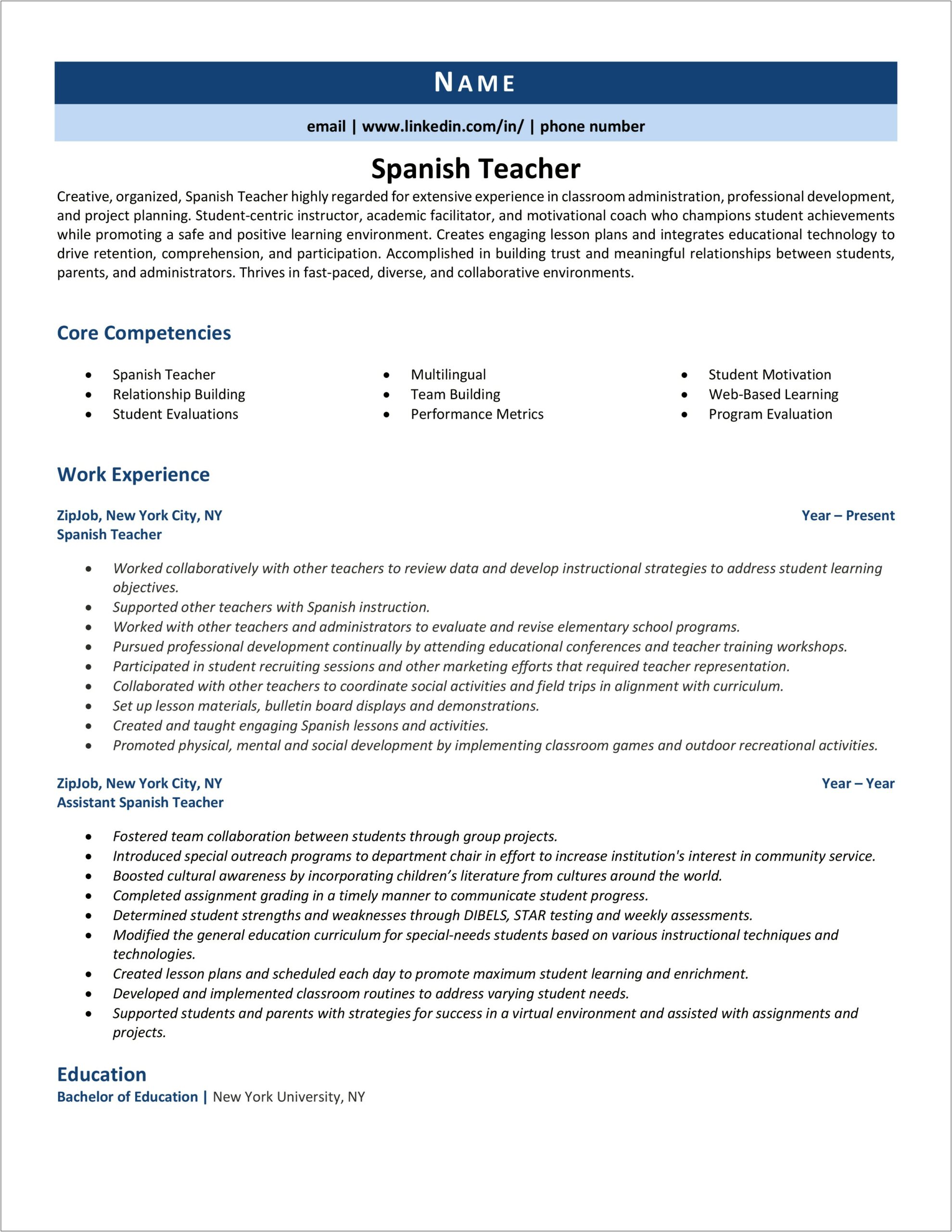 Job Description For Kindergarten Teacher Resume