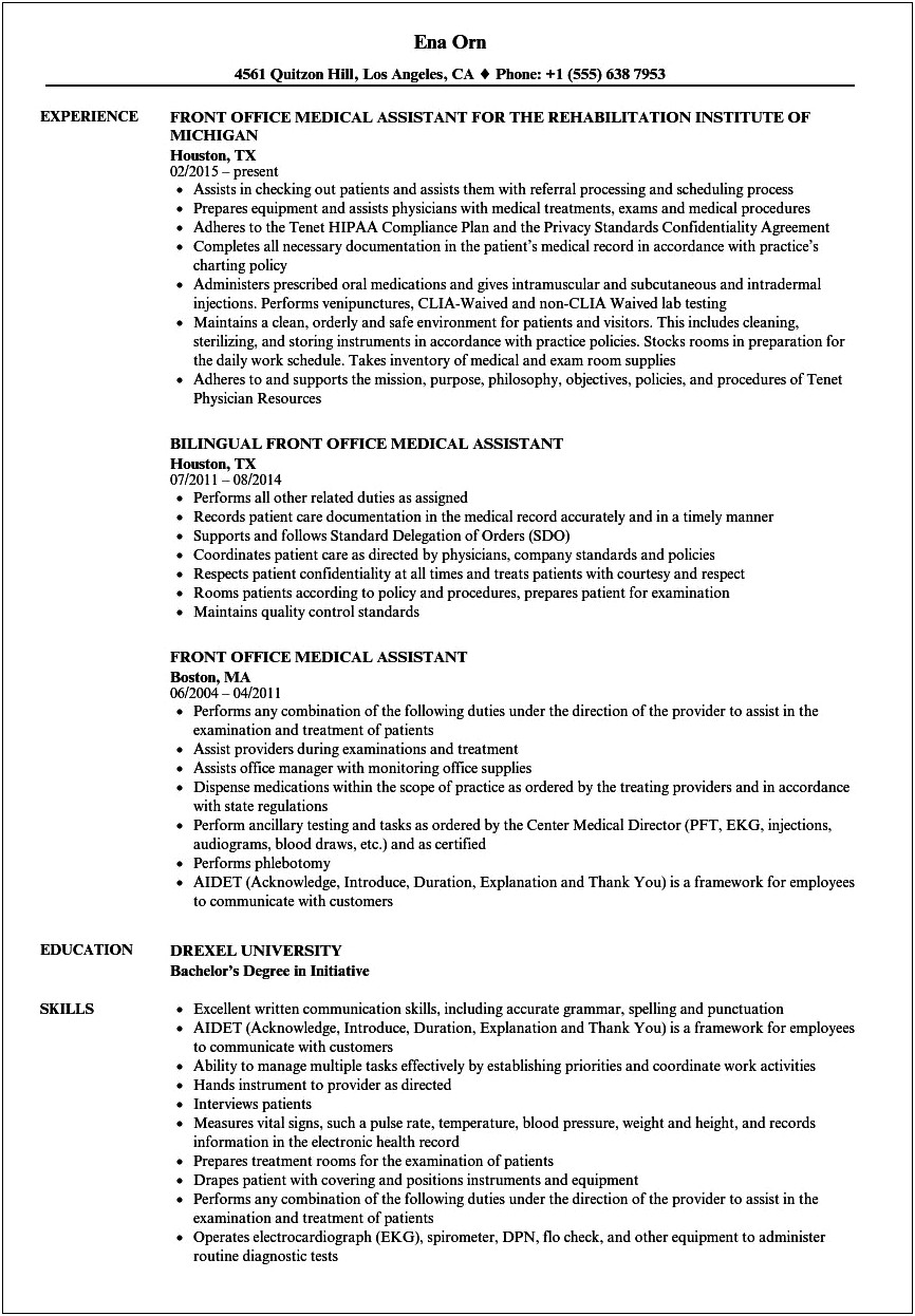 Job Description For Medical Assistant For Resume