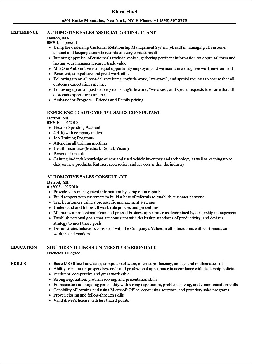 Job Description For Sales Consultant For Resume