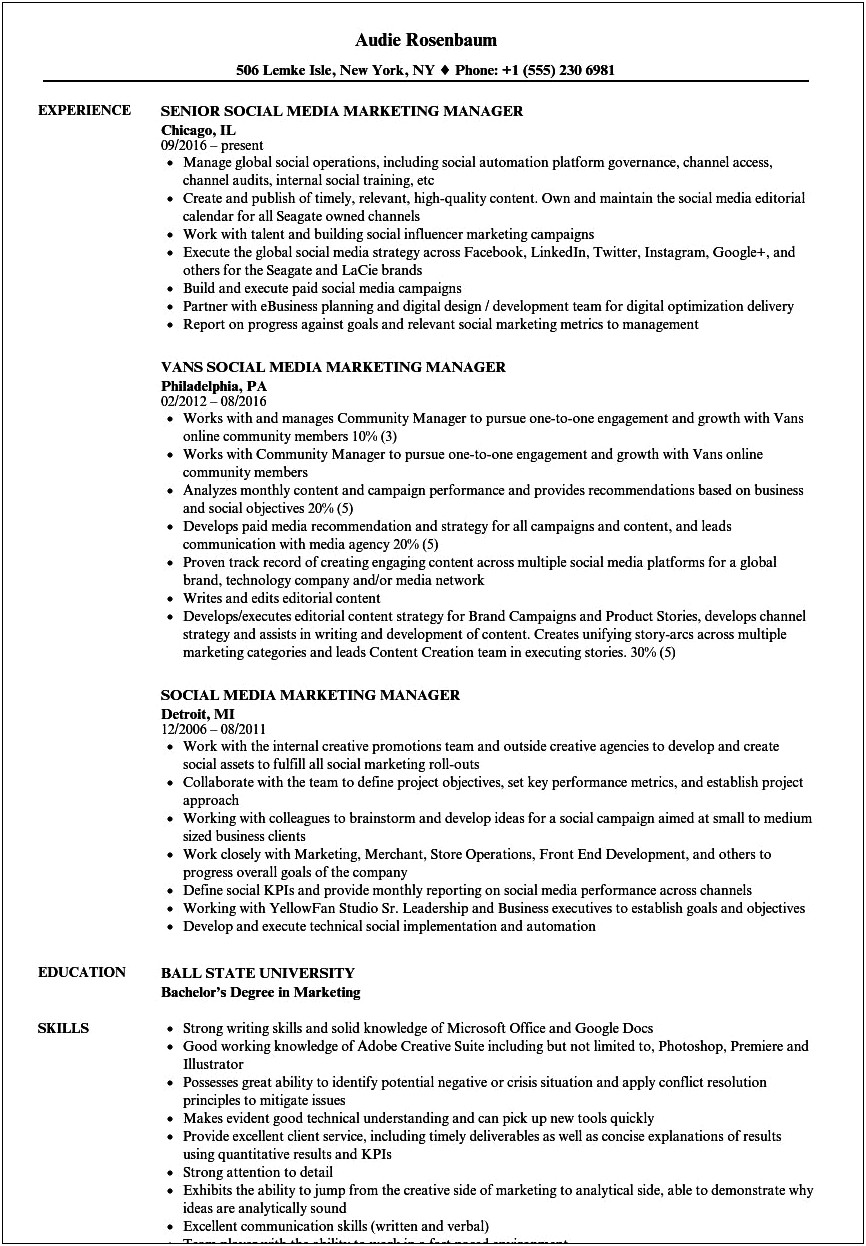 Job Description For Social Media Manager Resume