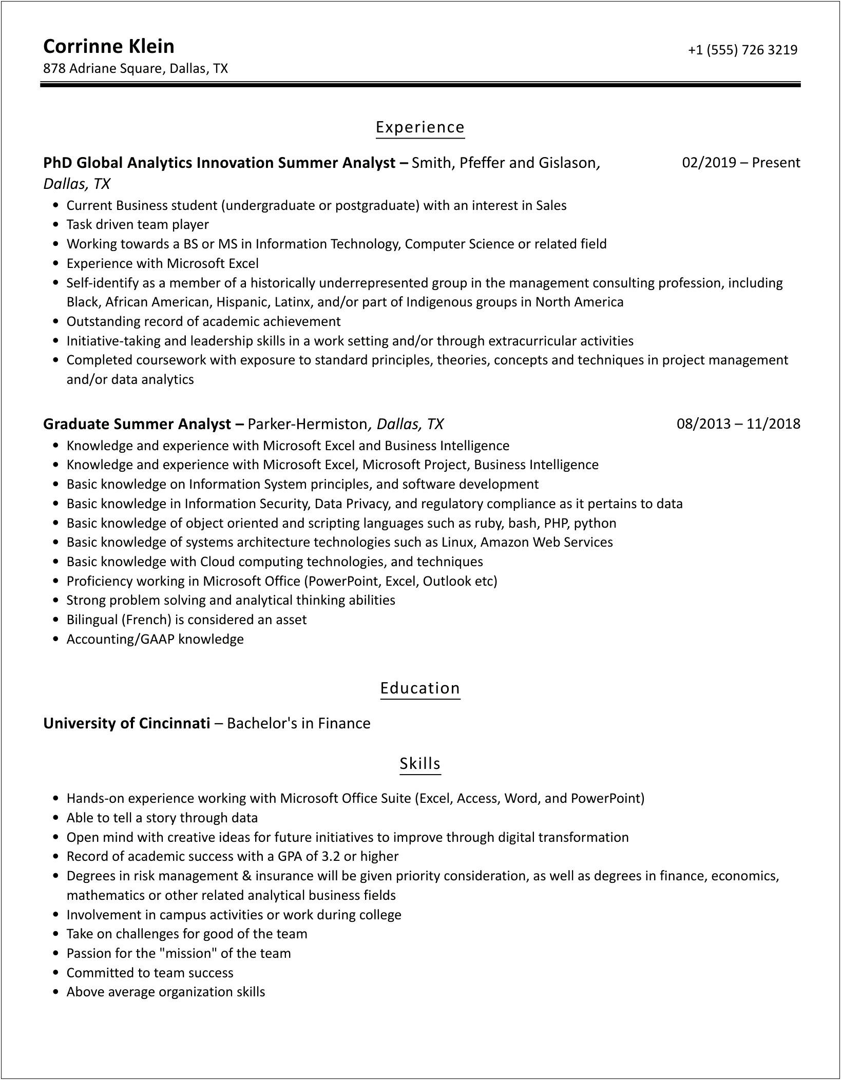 Job Description For Summer Analyst Resume
