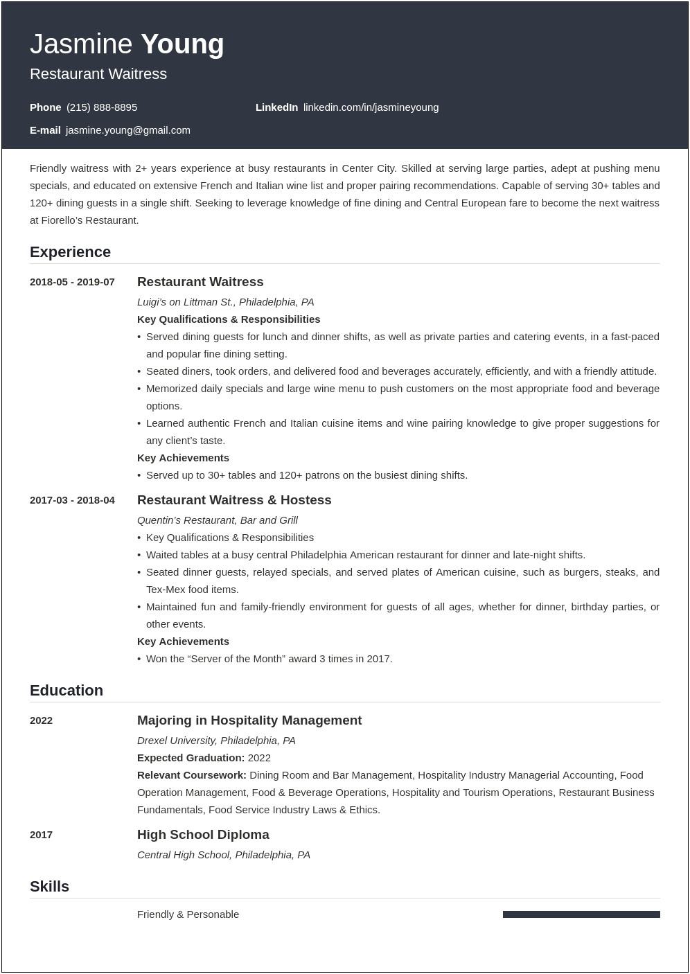 Job Description Of A Waitress Resume