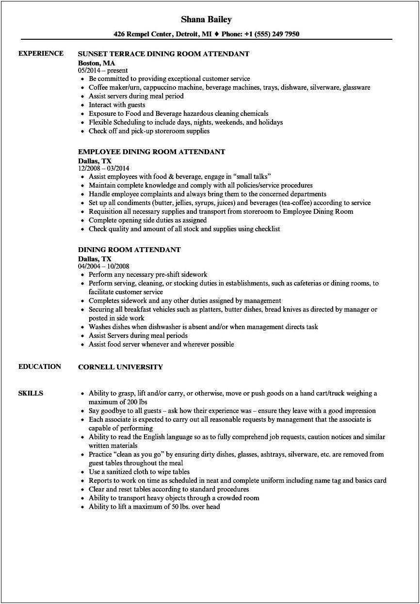 Job Description Of Room Attendant For Resume