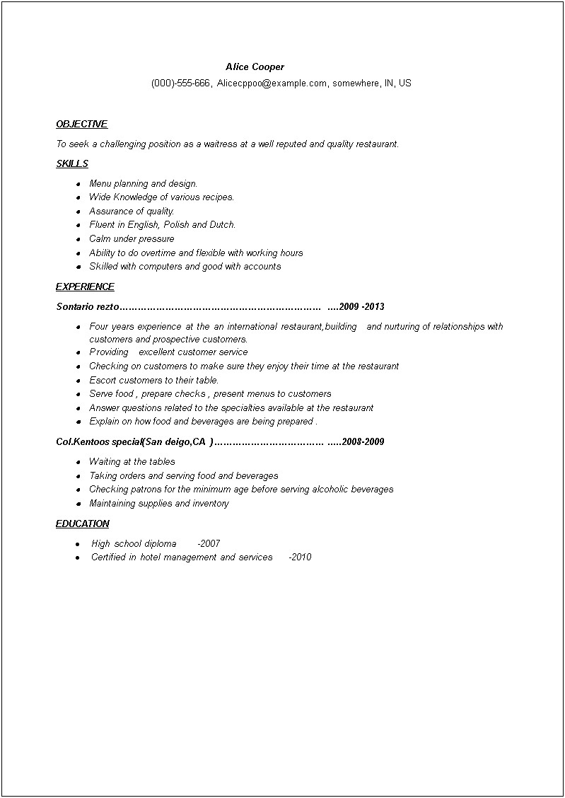 Job Description On Resume For Waiter
