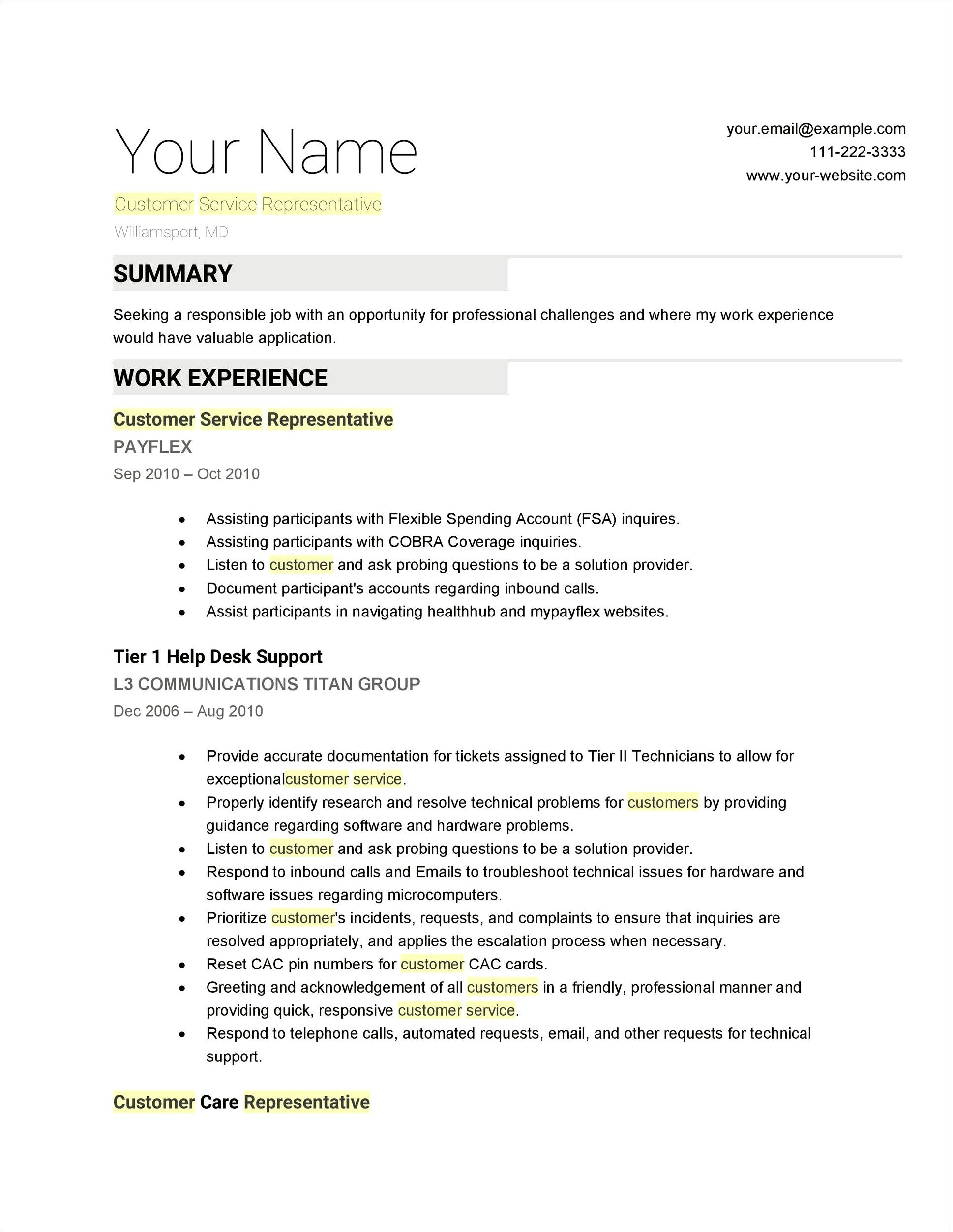 Job Descriptions For Customer Service Representative For Resume