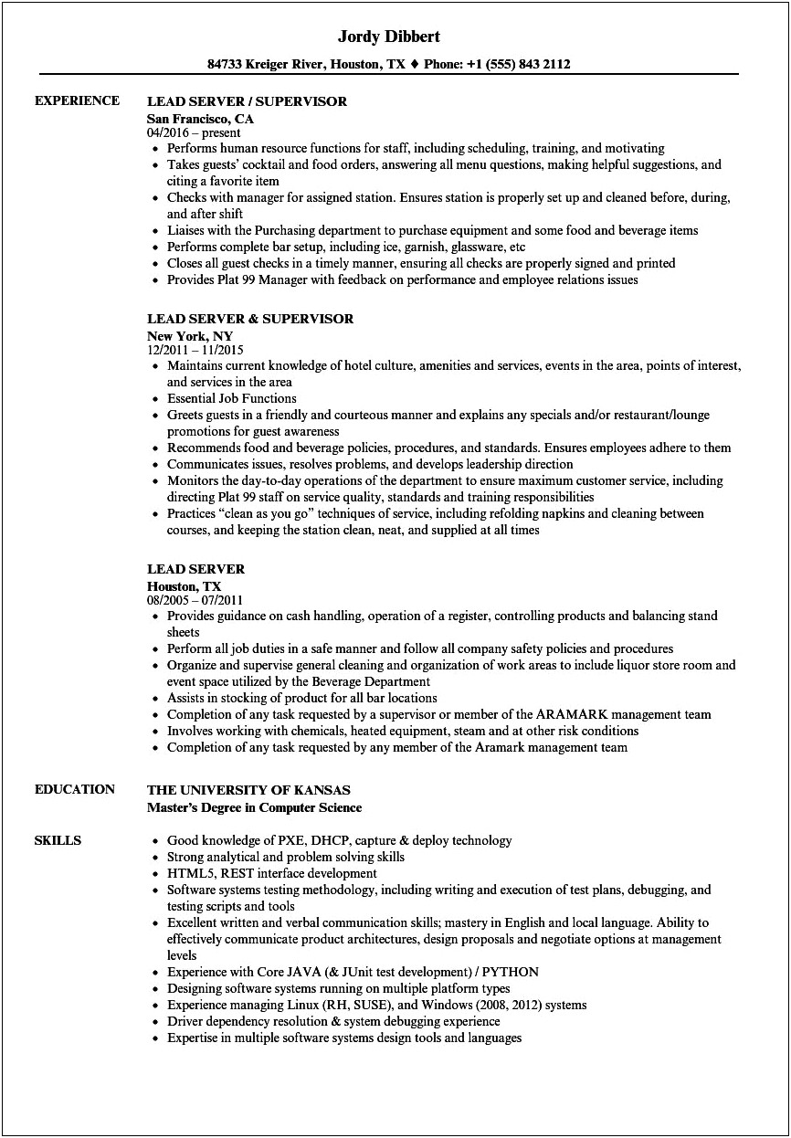Job Duties For A Server On A Resume
