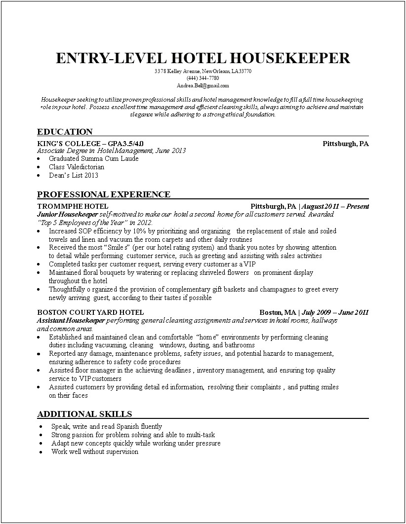 Job Duties For Housekeeping For Resume