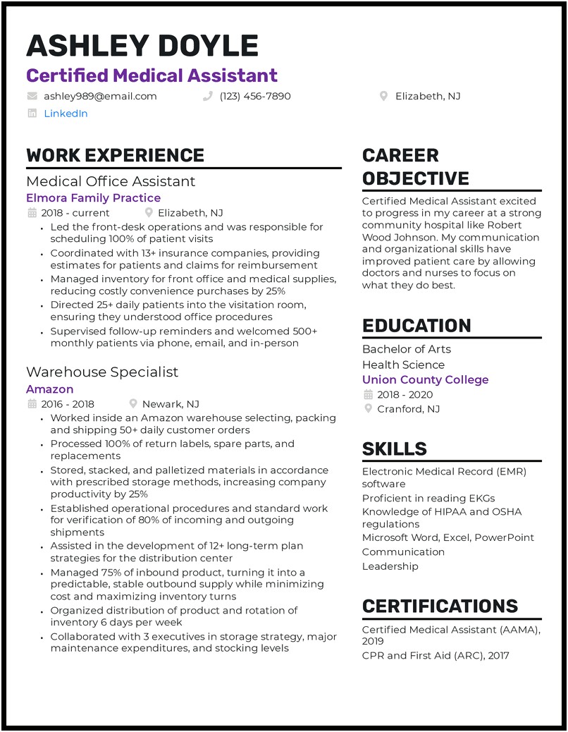 Job Objective Resume For Medical Assistant