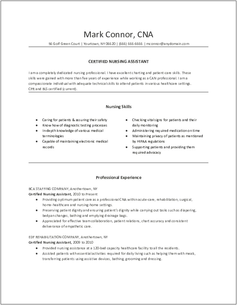 Job Responsibilities Of A Cna Resume