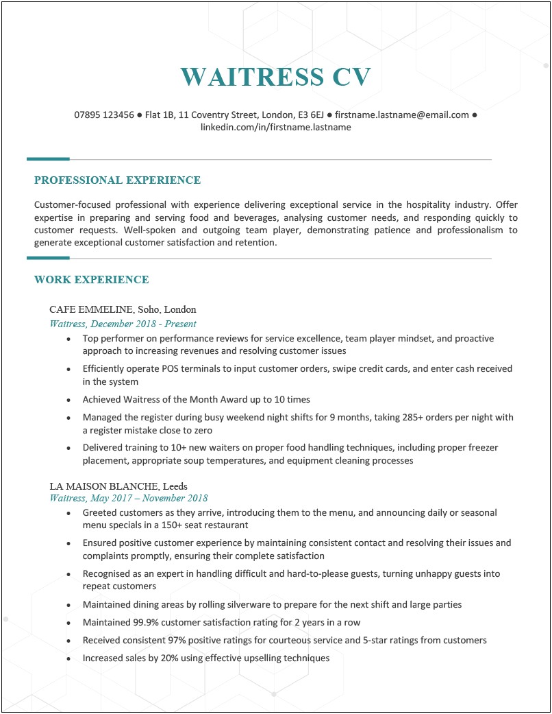 Job Responsibilities Of A Waitress For Resume