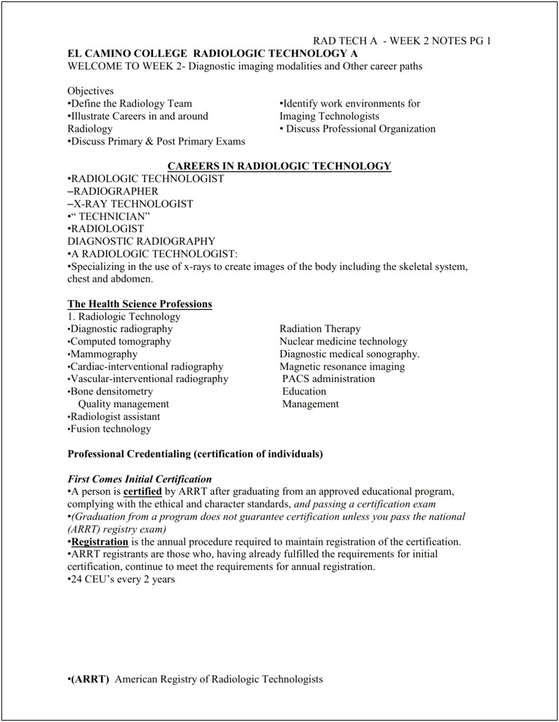 Job Resume Objective For A Radiologic Technologist