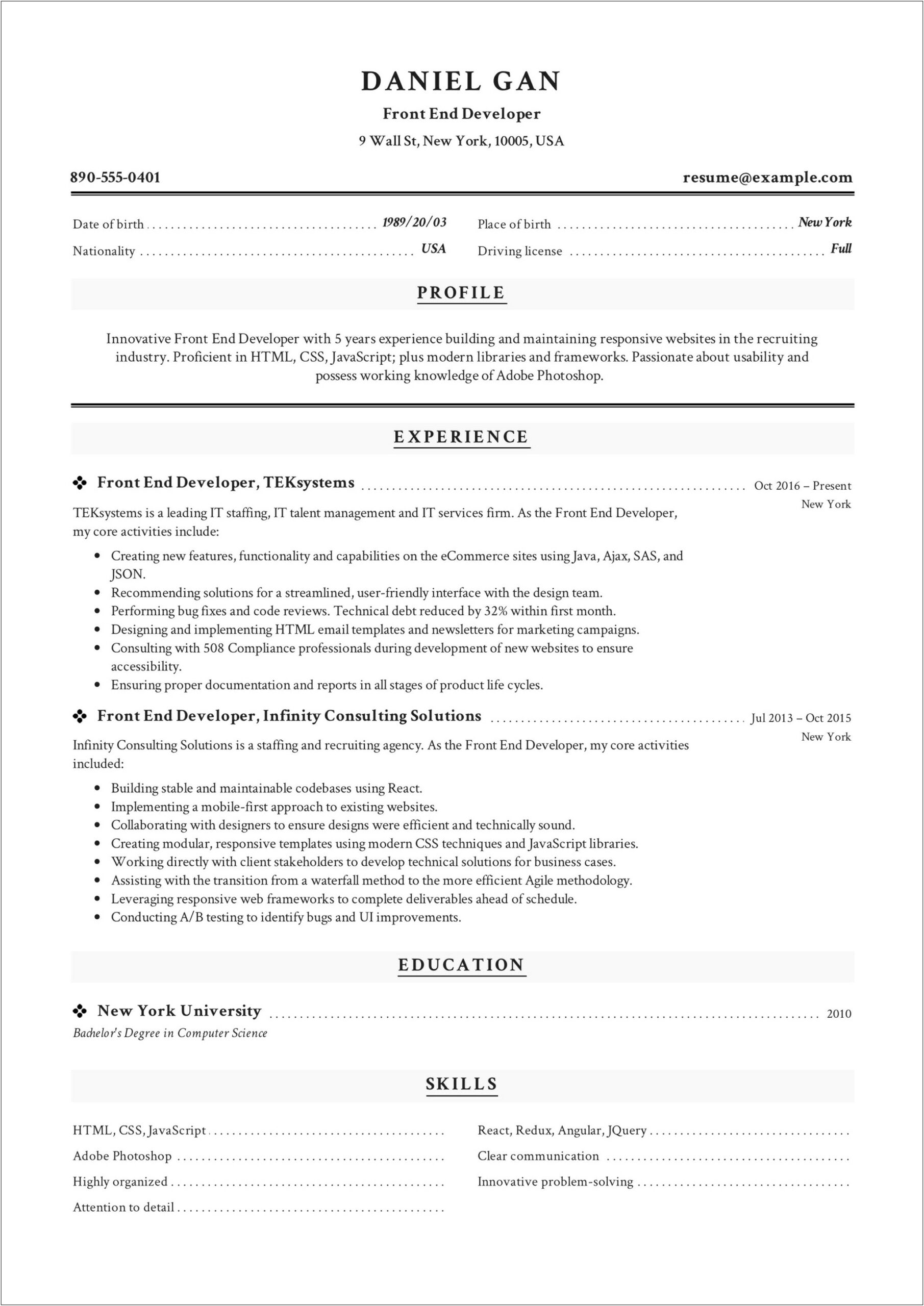 Junior Front End Developer Professional Summary For Resume