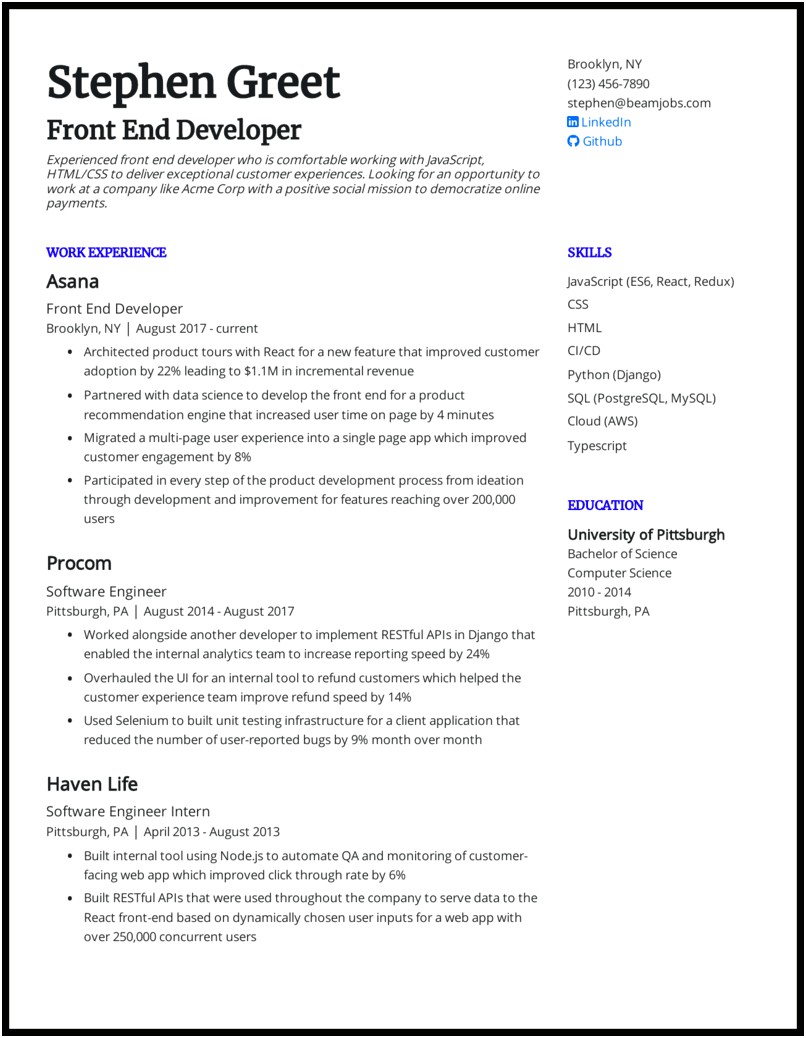 Junior Front End Developer Resume Sample