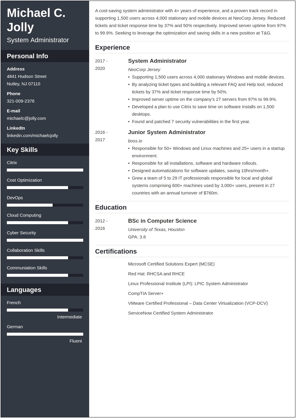 Junior Windows System Administrator Resume Sample