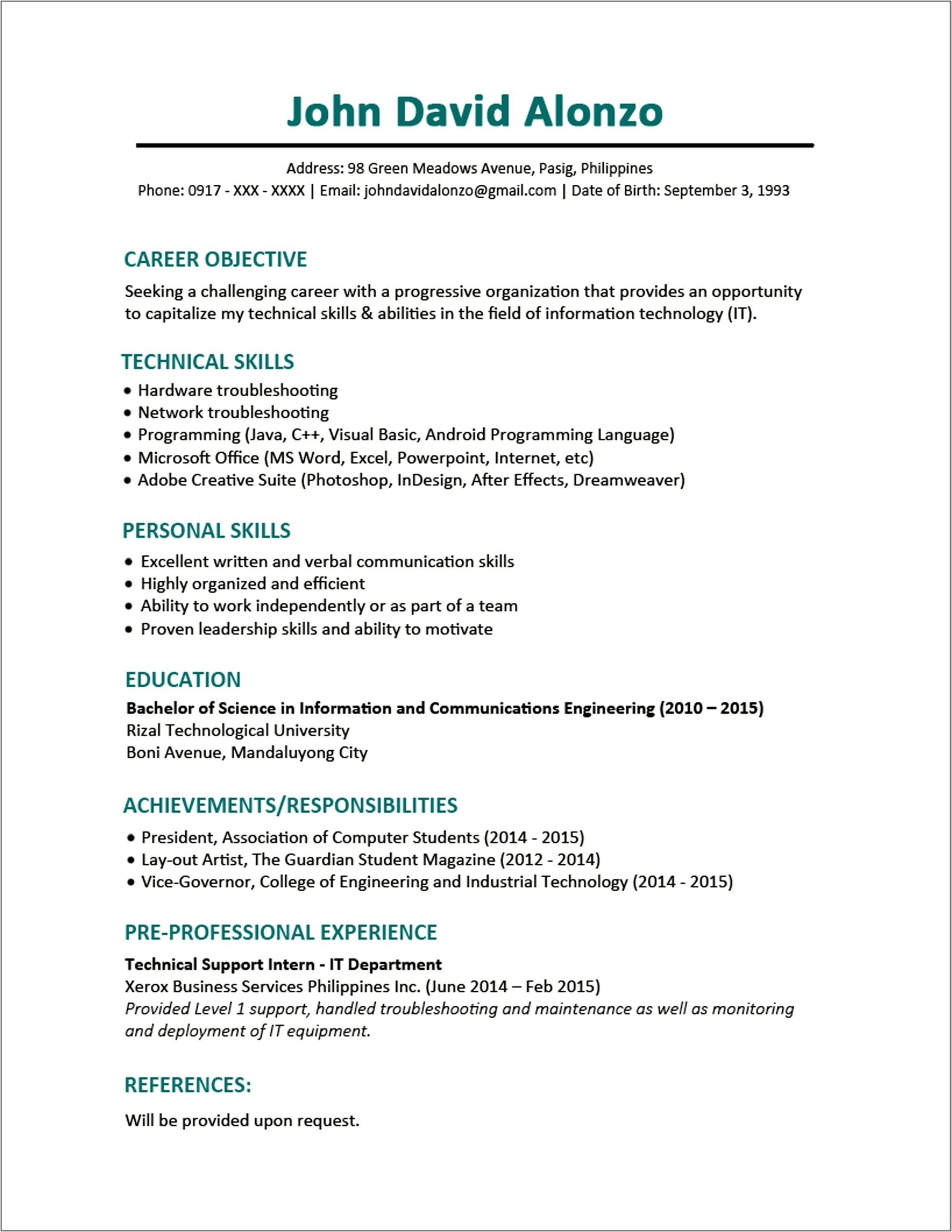 Just Out Of College Resume Examples