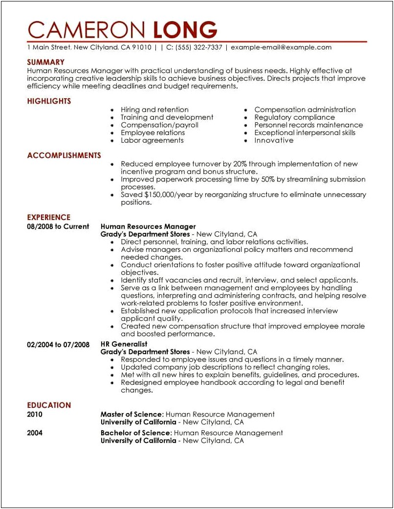 Key Skills In Resume For Human Resource