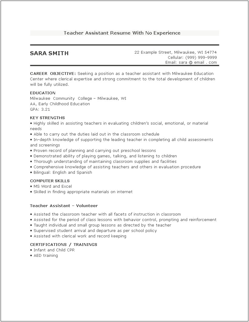 Kindergarten Teacher Assistant Job Description For Resume