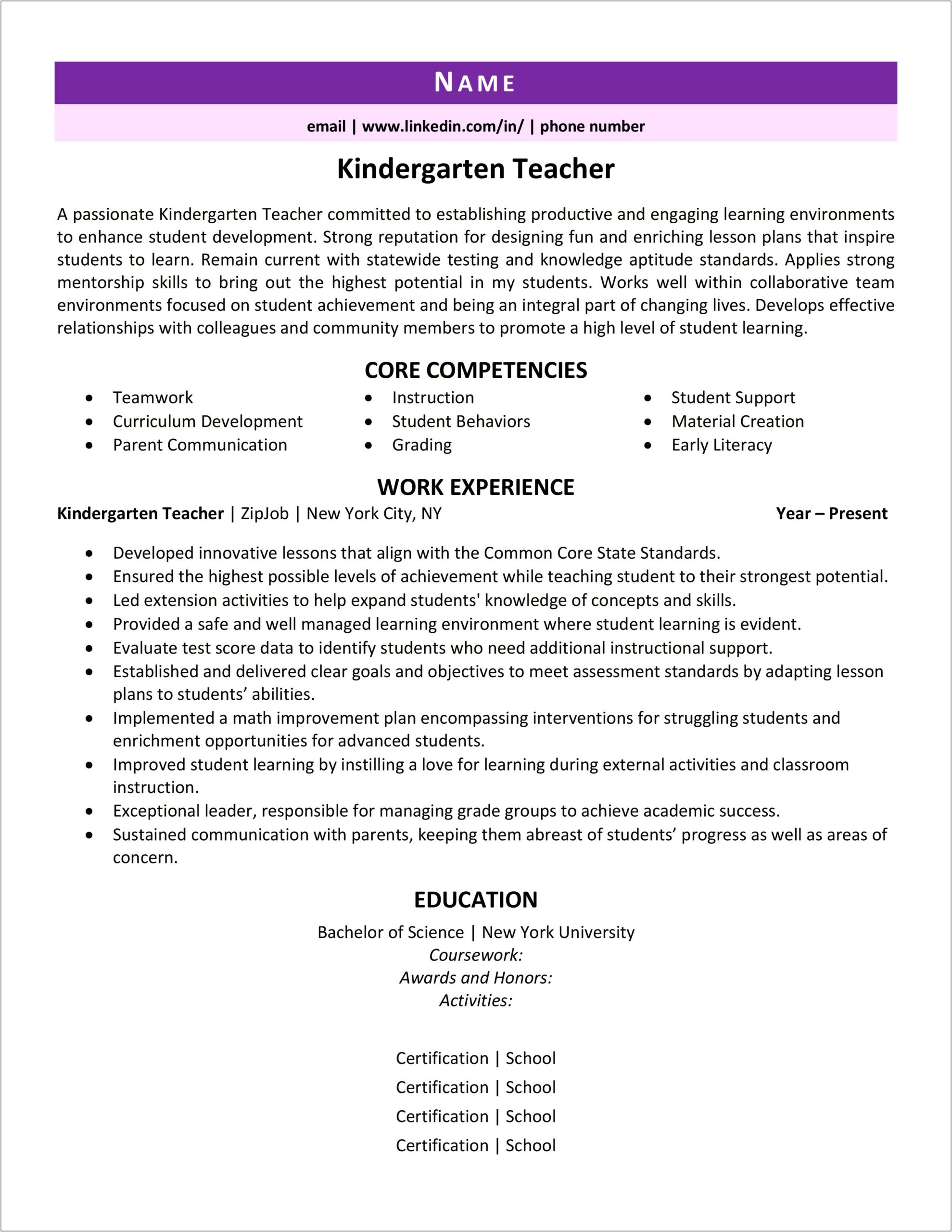 Kindergarten Teacher Job Description Resume Sample