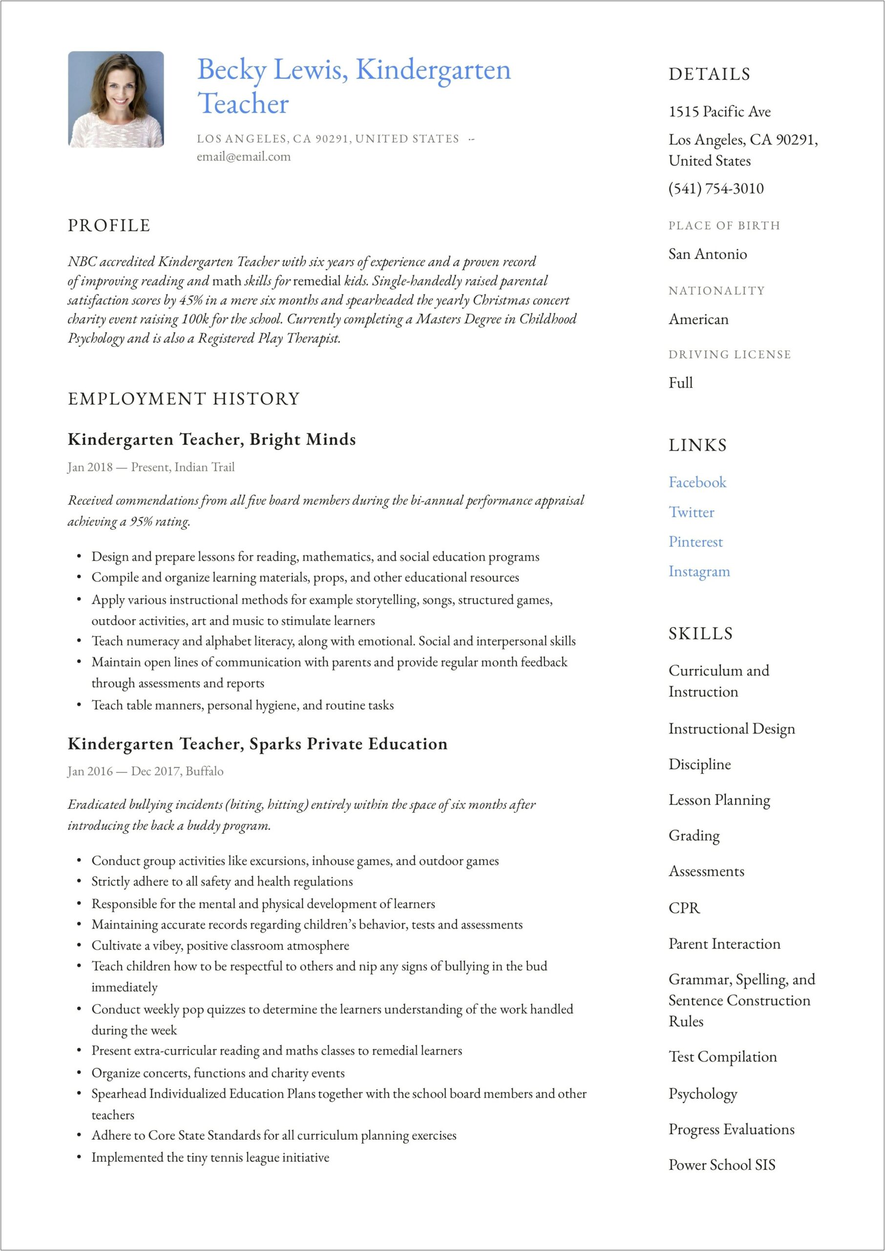 Kindergarten Teacher Job Responsibilities For Resume