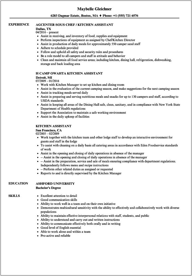 Kitchen Crew Job Description For Resume