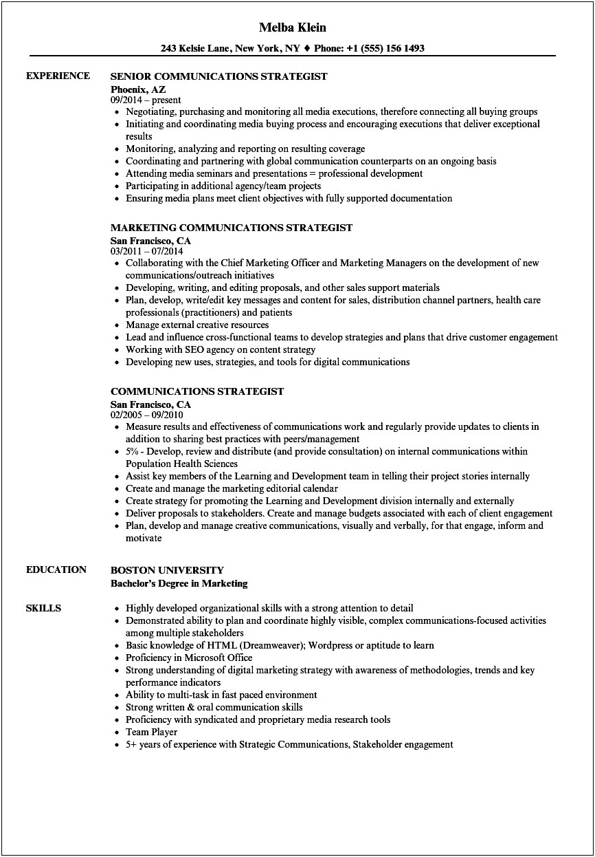 Klein School Of Media And Communications Resume