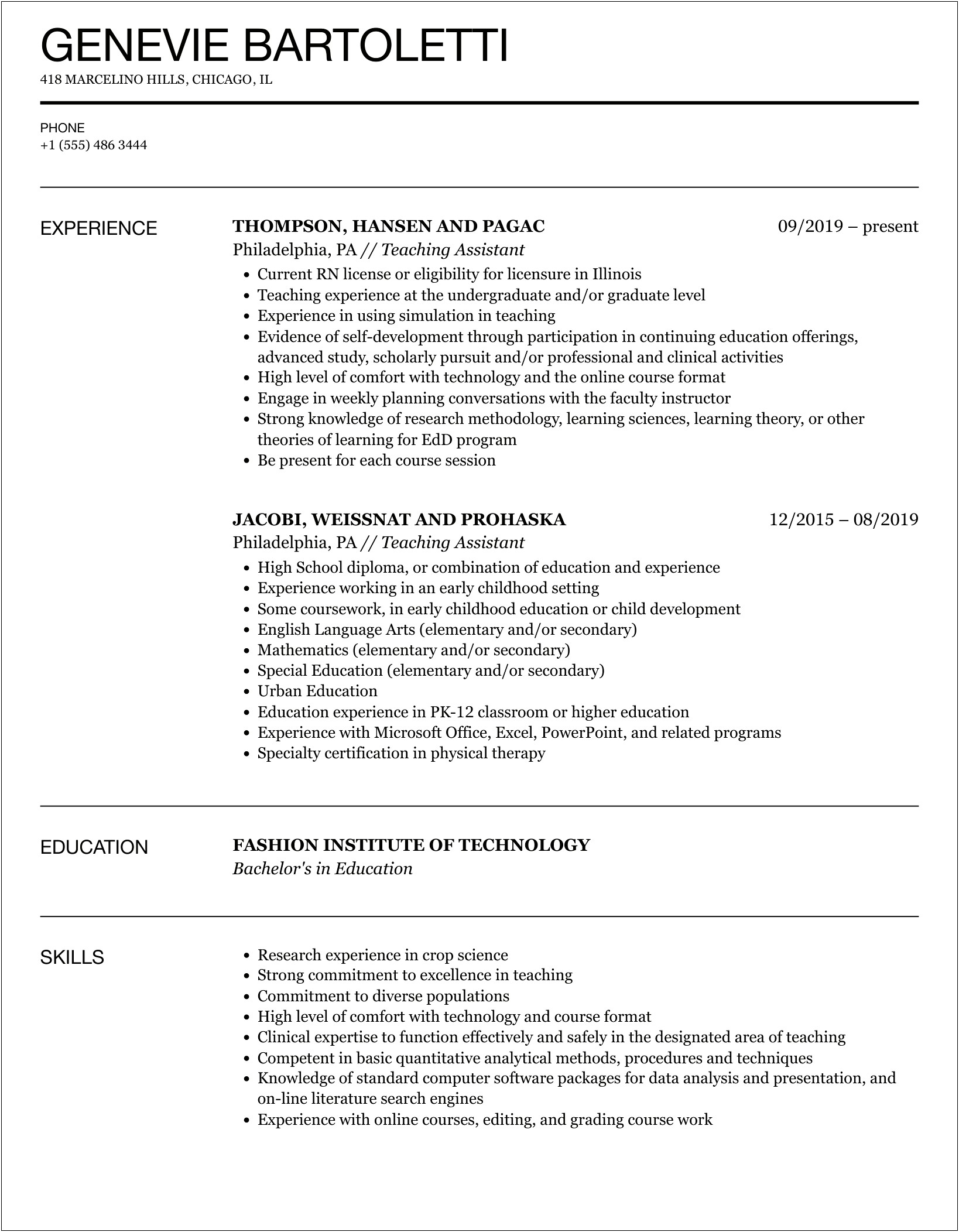 Lab Teaching Assistant Job Description Resume
