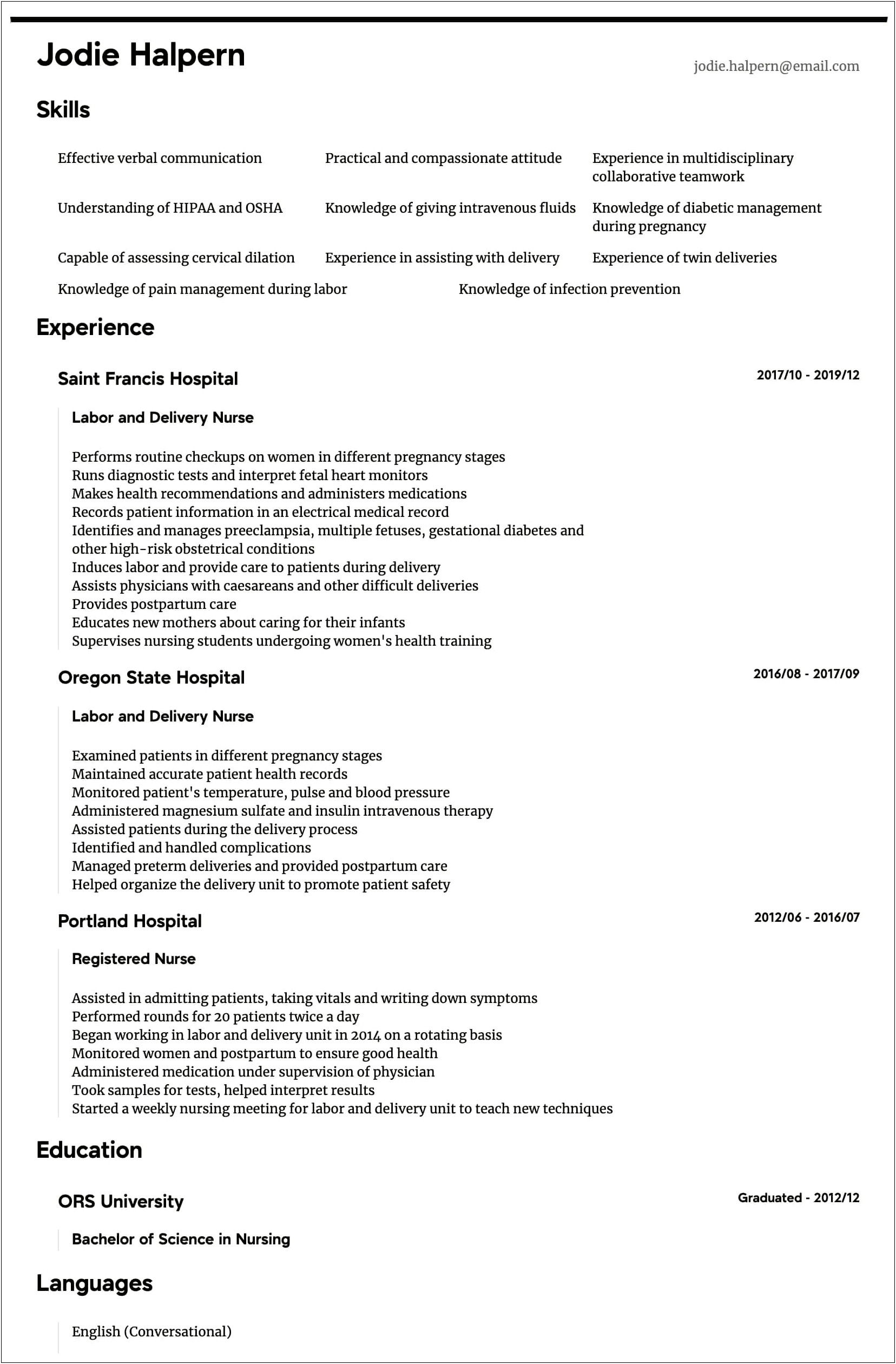 Labor And Delivery Rn Resume Sample