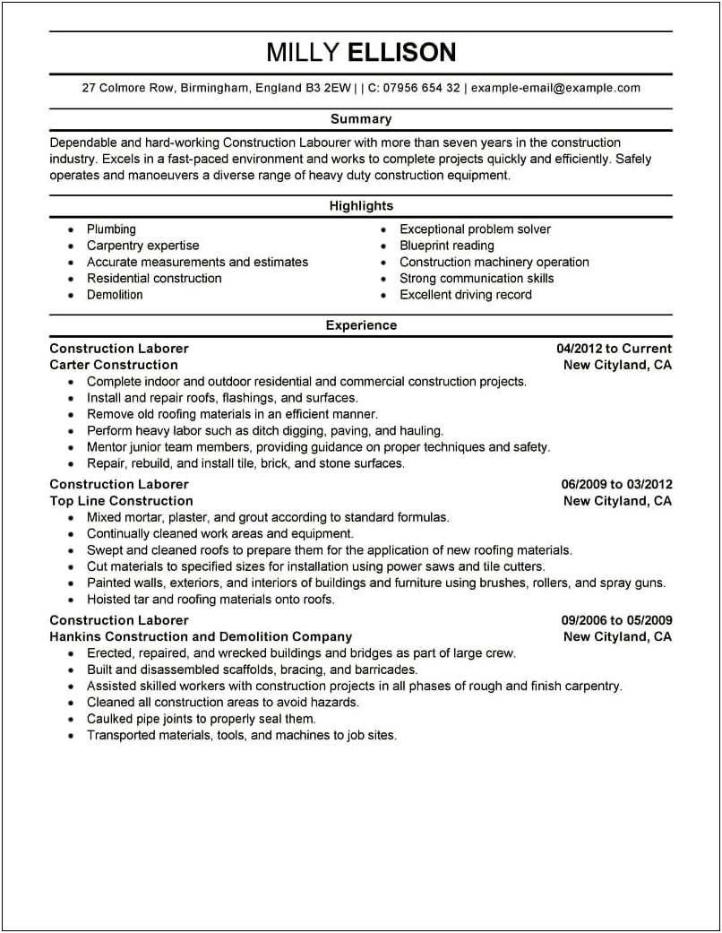 Labor Work Construction Resume Examples English General