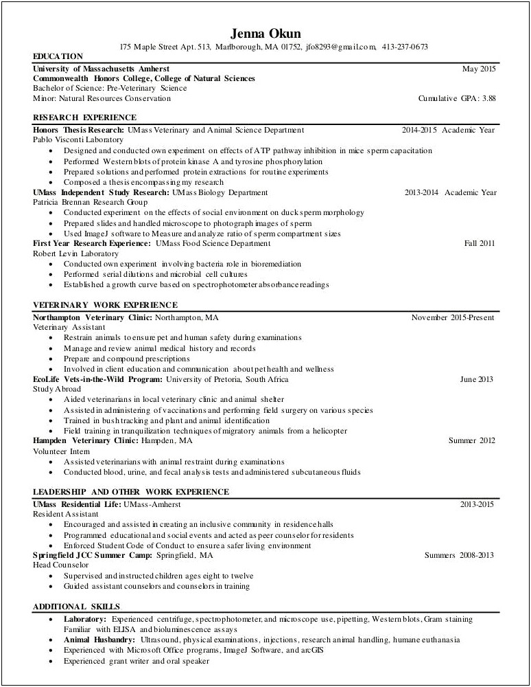 Laboratory Experience In College For Resume