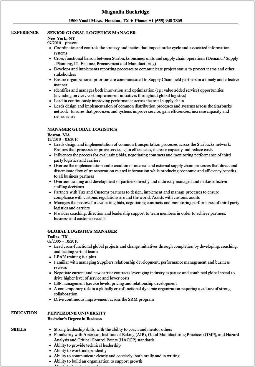 Latest Resume Format For Logistics Manager