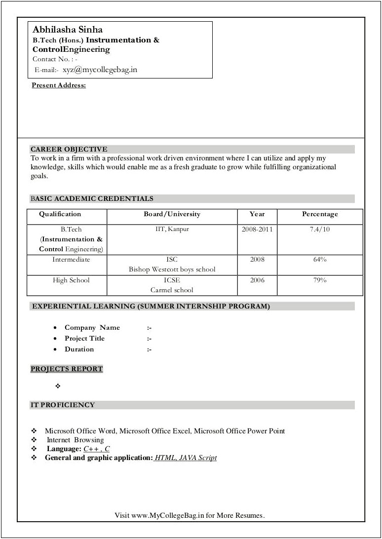 Latest Resumes For Freshers Free Download