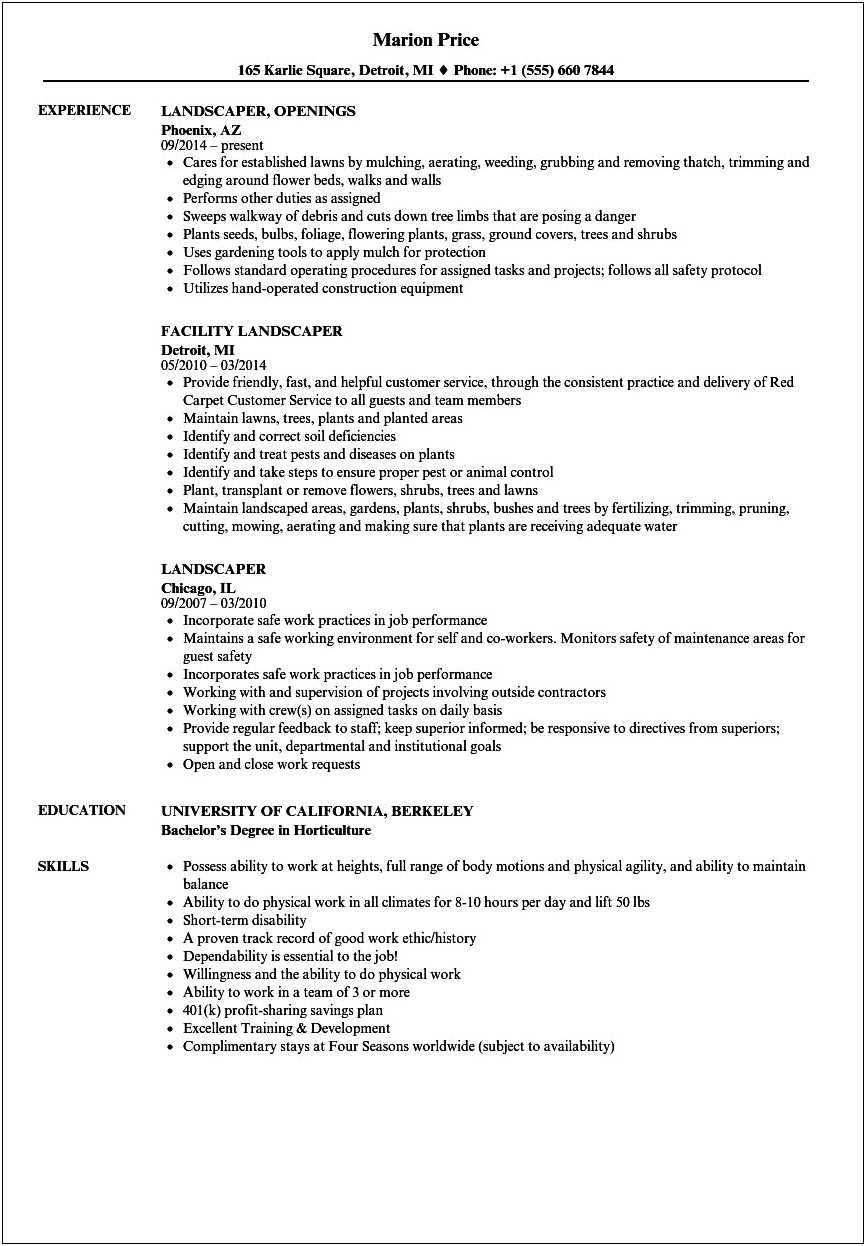 Lawn Maintenance Technician Job Description For Resume