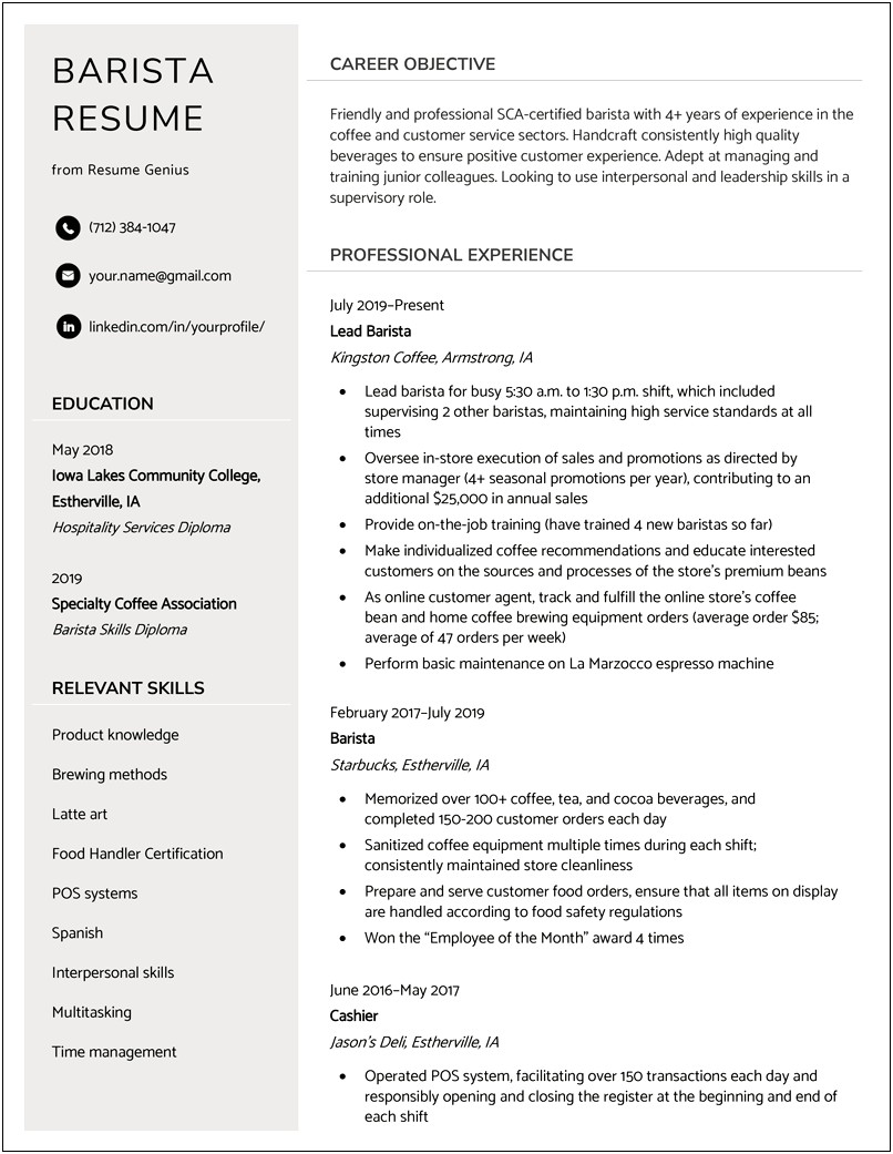 Lead Barista Job Description On Resume