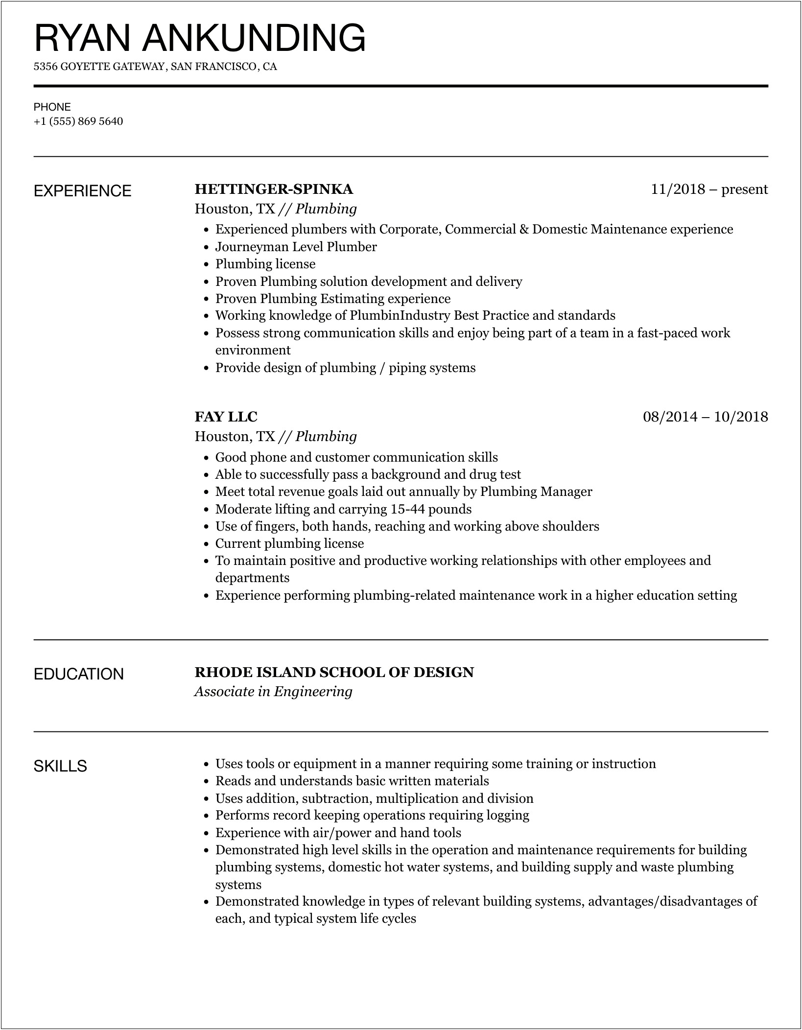 Lead Plumber Job Description For Resume
