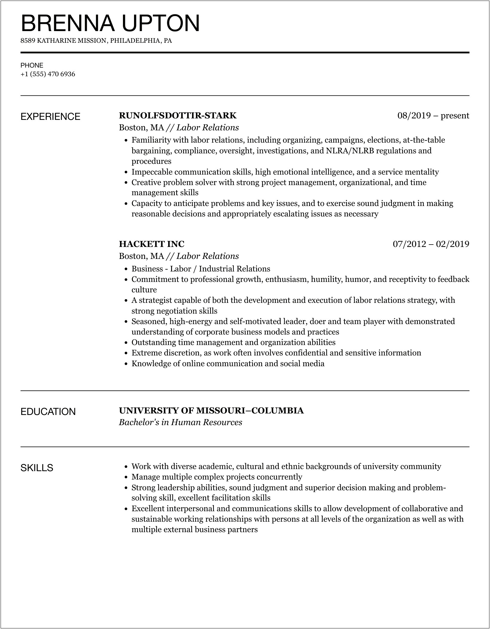 Leading In A Union Free Workplace Resume Wording