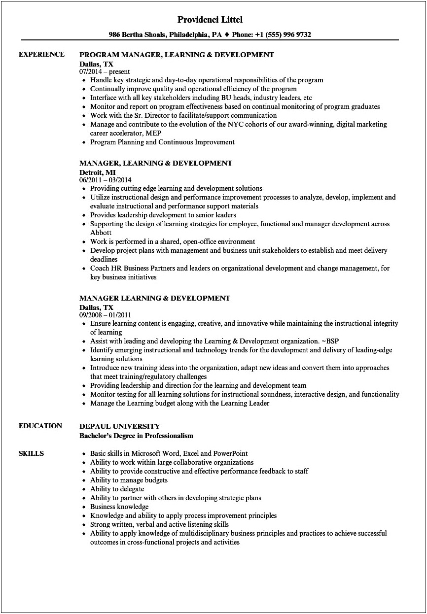 Learning And Development Manager Resume Jobhero