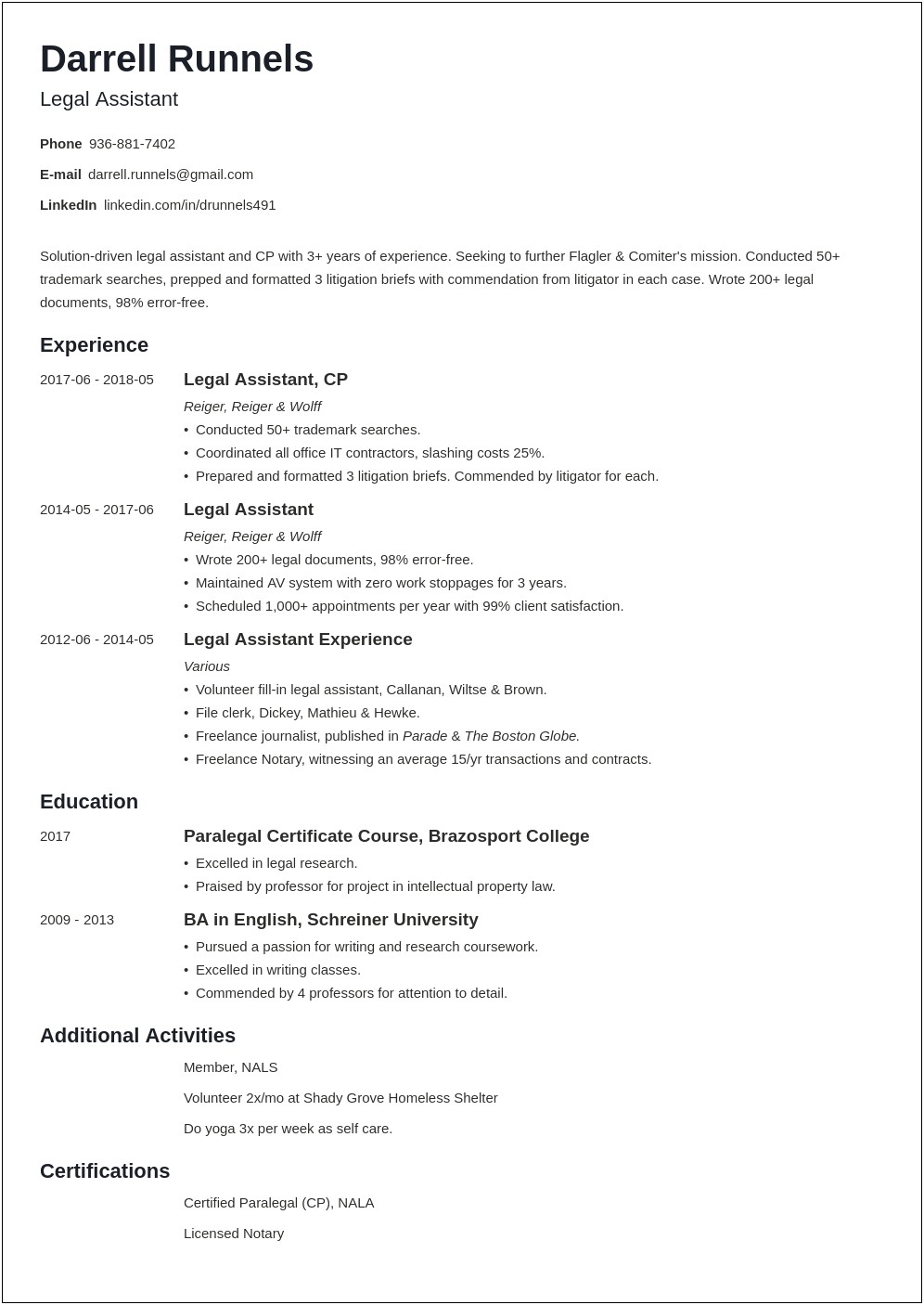 Legal Assistant And Paralegal Resume Samples