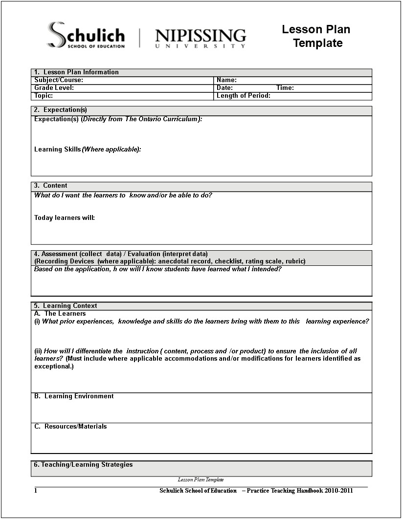 Lesson Plan Template Download For Word