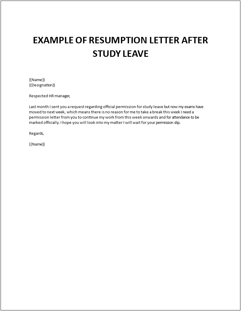 Letter For Resume Duty After Leave