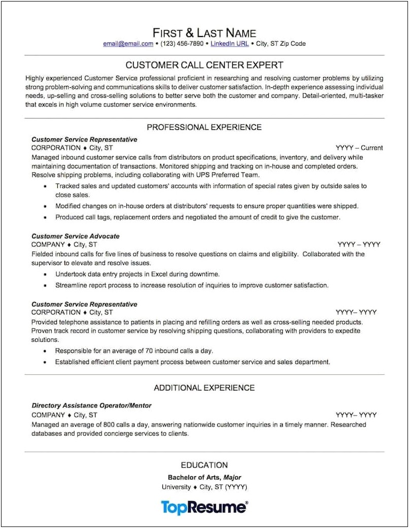 Letter Resume Examples For Call Centers